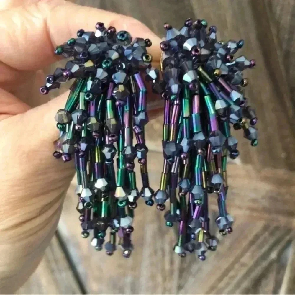 Handmade Iridescent Starburst Firework Tasseled Beaded Earrings